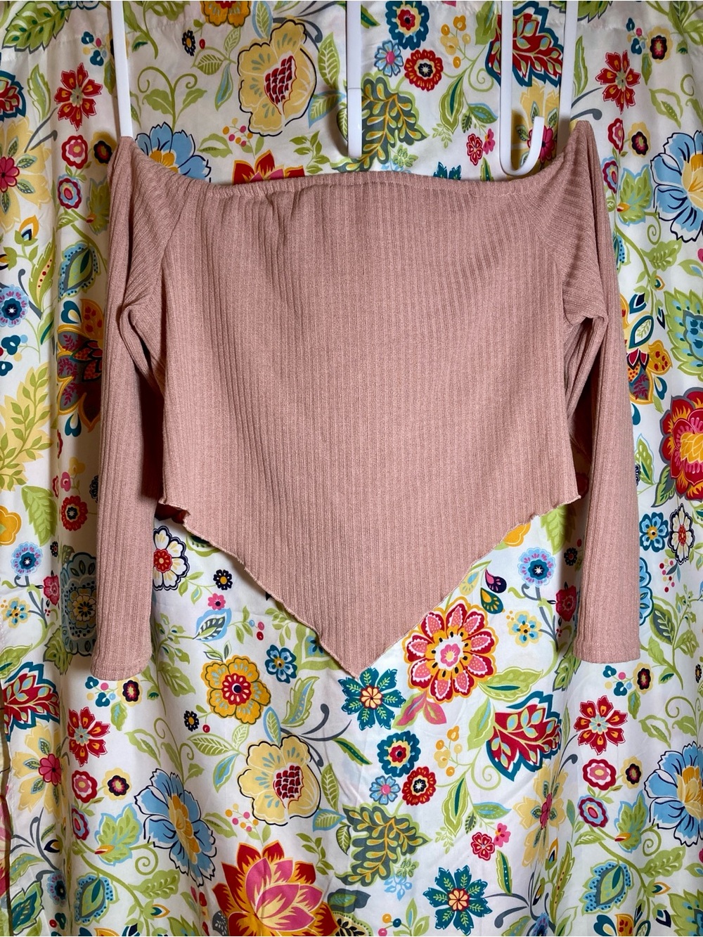 SHEIN Ribbed Off-Shoulder Point Hem Crop Top - Blush Pink Size L